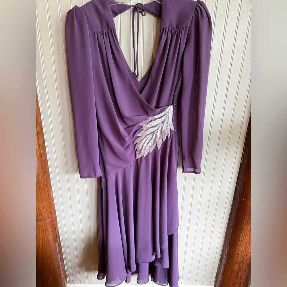 Casadei Long Sleeve Purple Dress with Silver Detail vintage 80’s sheer beaded